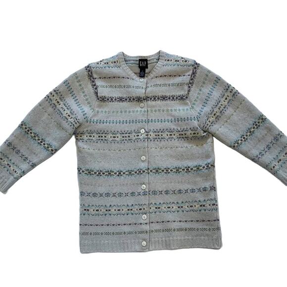 VTG Y2K GAP Baby Blue Lambswool Fair Isle Button Down 3/4 Sleeve Cardigan, S - Picture 1 of 10